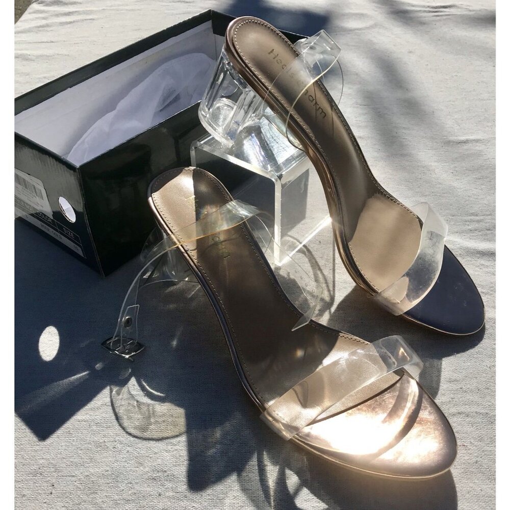 New Heels Charm Sandals Rose Gold Clear 2” Block Heels Jelly Wrap Straps Sz 10